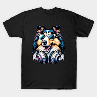 Collie Smiling DJ with Headphones and Sunglasses T-Shirt